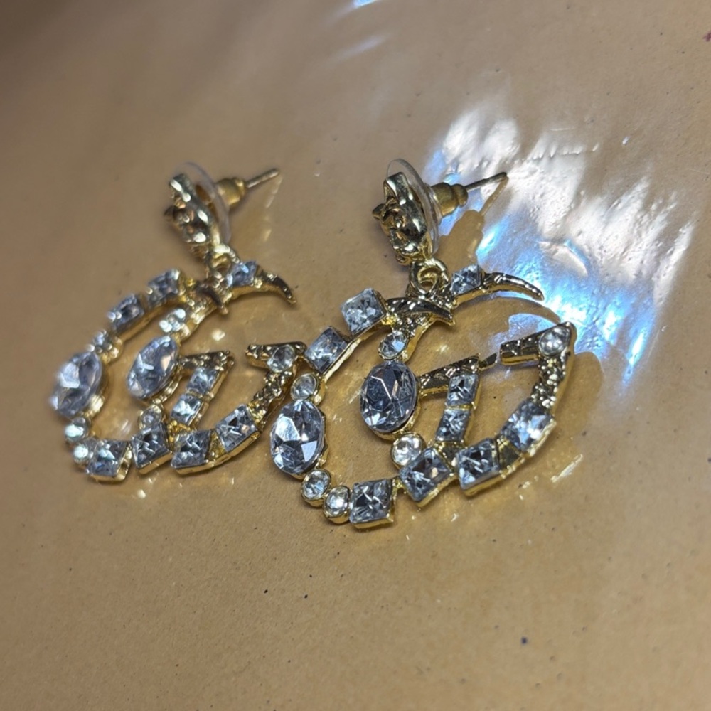 Gold & Rhinestone Dangle Earrings - Picture 5 of 7